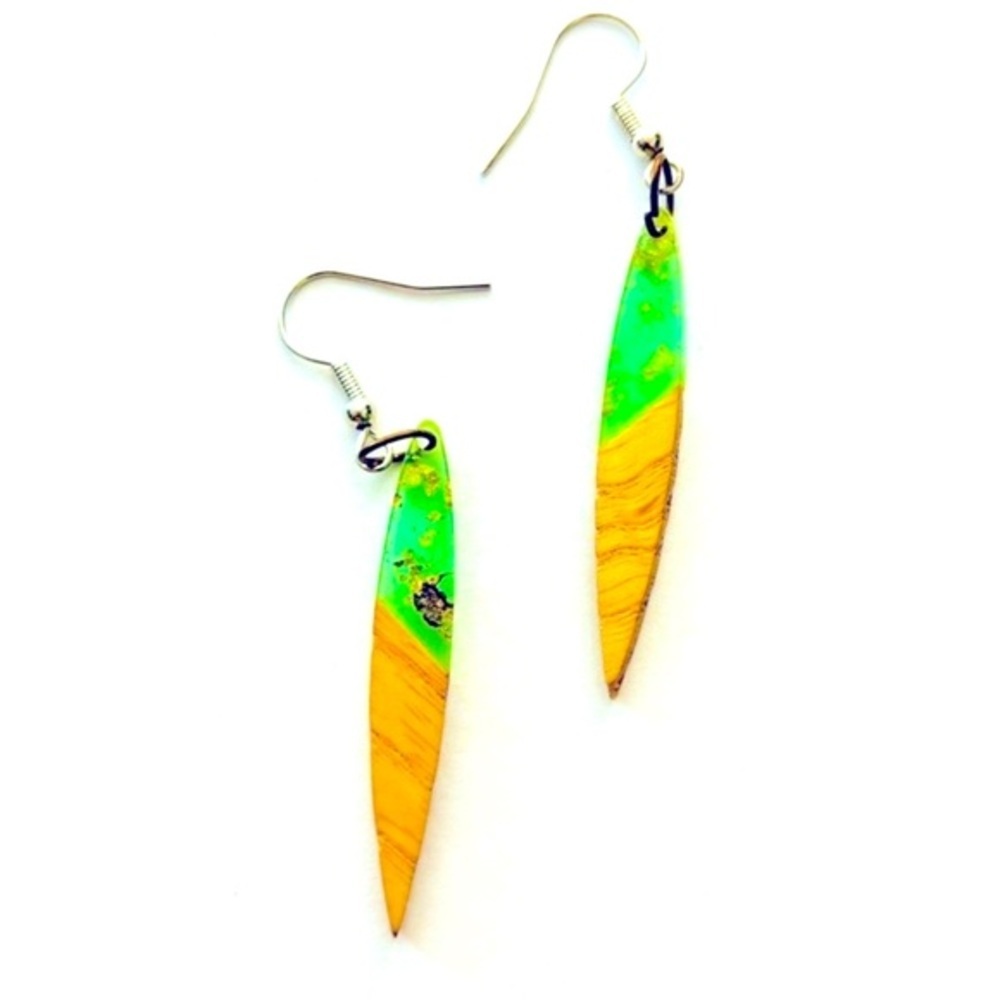 Wood and Resin Pendant Earrings, Unworn, NWT, Handmade